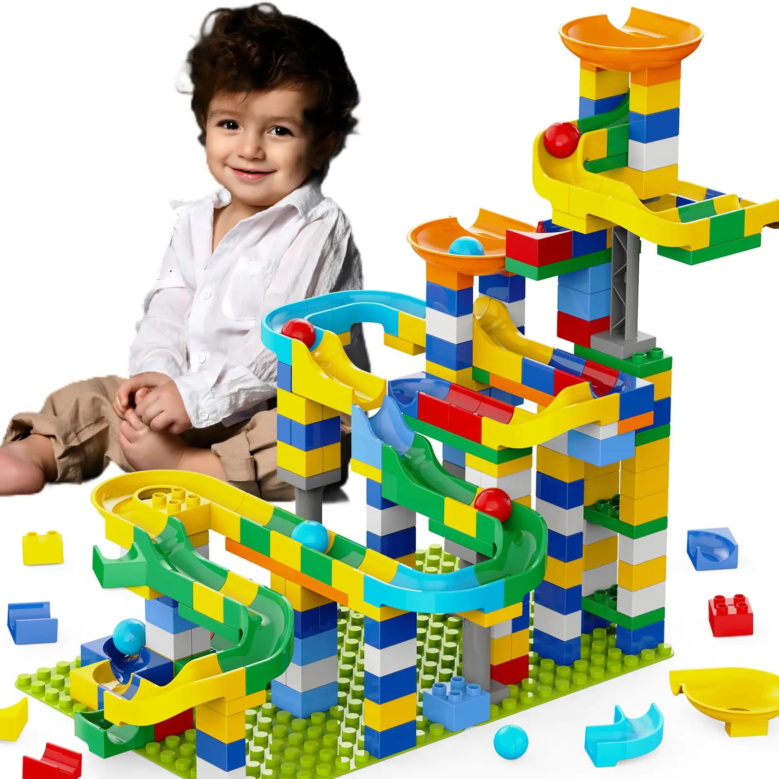 3in1 Marble Runs for Kids 4-8 Building Blocks/246Pcs Classic Big Blocks Toys Set Compatible with DUPLO Lego Sets/Marble Maze Race Track/Montessori Learning STEM Toys for ToddlerKids Age 345678+