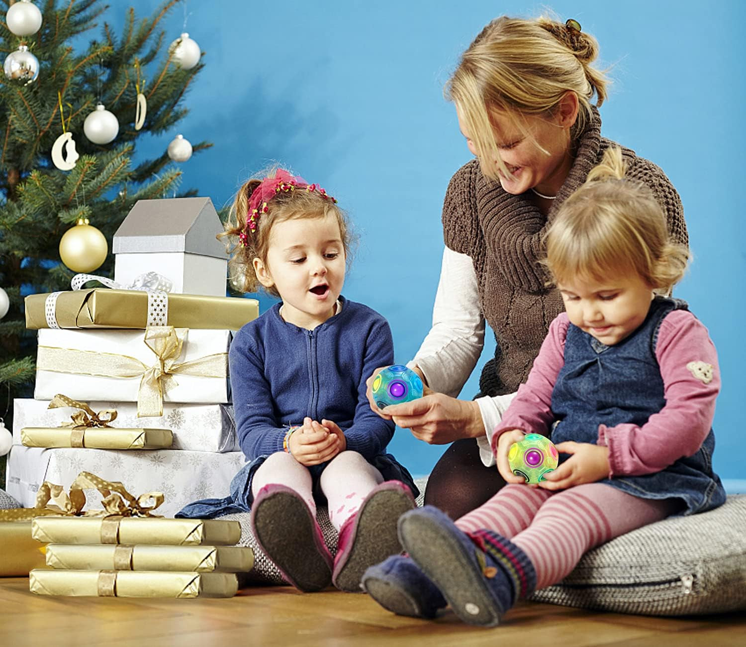 Magic Rainbow Puzzle Ball, Fidget Ball Puzzle Brain Teaser Fidget Toy- Birthday Party Easter Valentines Christmas Stocking Stuffers for Kids Teen & Adults(White&Blue&Green)