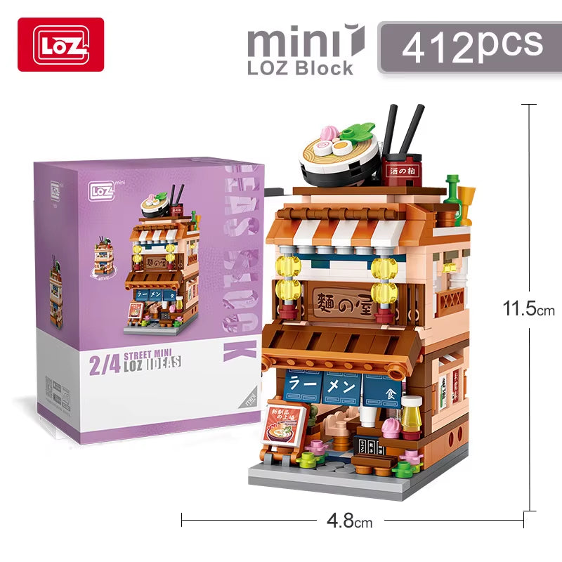 Mini Street View Series Japanese Matcha Shop Ramen Canteen Kimono Shop Building House Model Children'S Building Blocks Toys