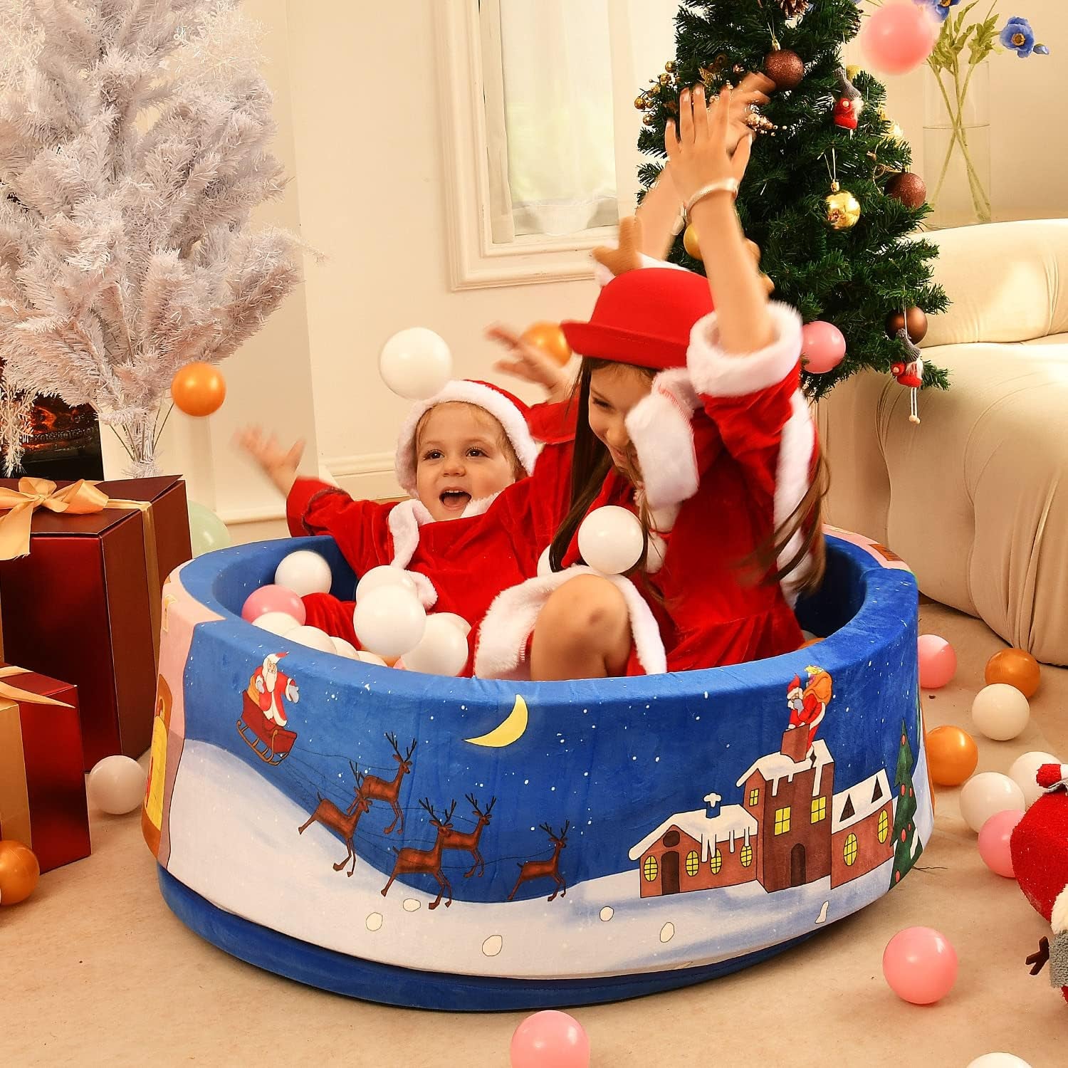 Airwitty Ball Pit with 2Pcs Covers- Fun Santa, Sleigh, Coming down Chimney & Leaving Presents. Soft, Thick Foam, Machine Washable (Balls Not Included) , Anti-Wrinkle for Babies(Gray + Blue Christmas)