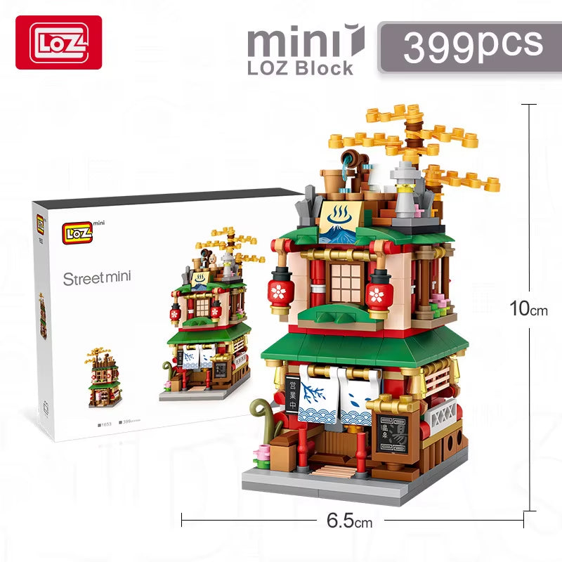 Mini Street View Series Japanese Matcha Shop Ramen Canteen Kimono Shop Building House Model Children'S Building Blocks Toys