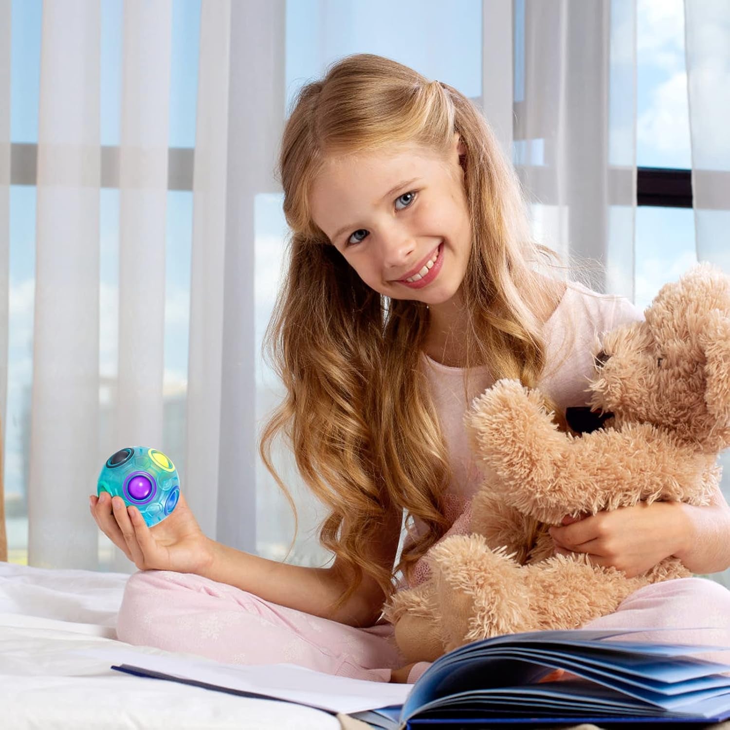 Magic Rainbow Puzzle Ball, Fidget Ball Puzzle Brain Teaser Fidget Toy- Birthday Party Easter Valentines Christmas Stocking Stuffers for Kids Teen & Adults(White&Blue&Green)