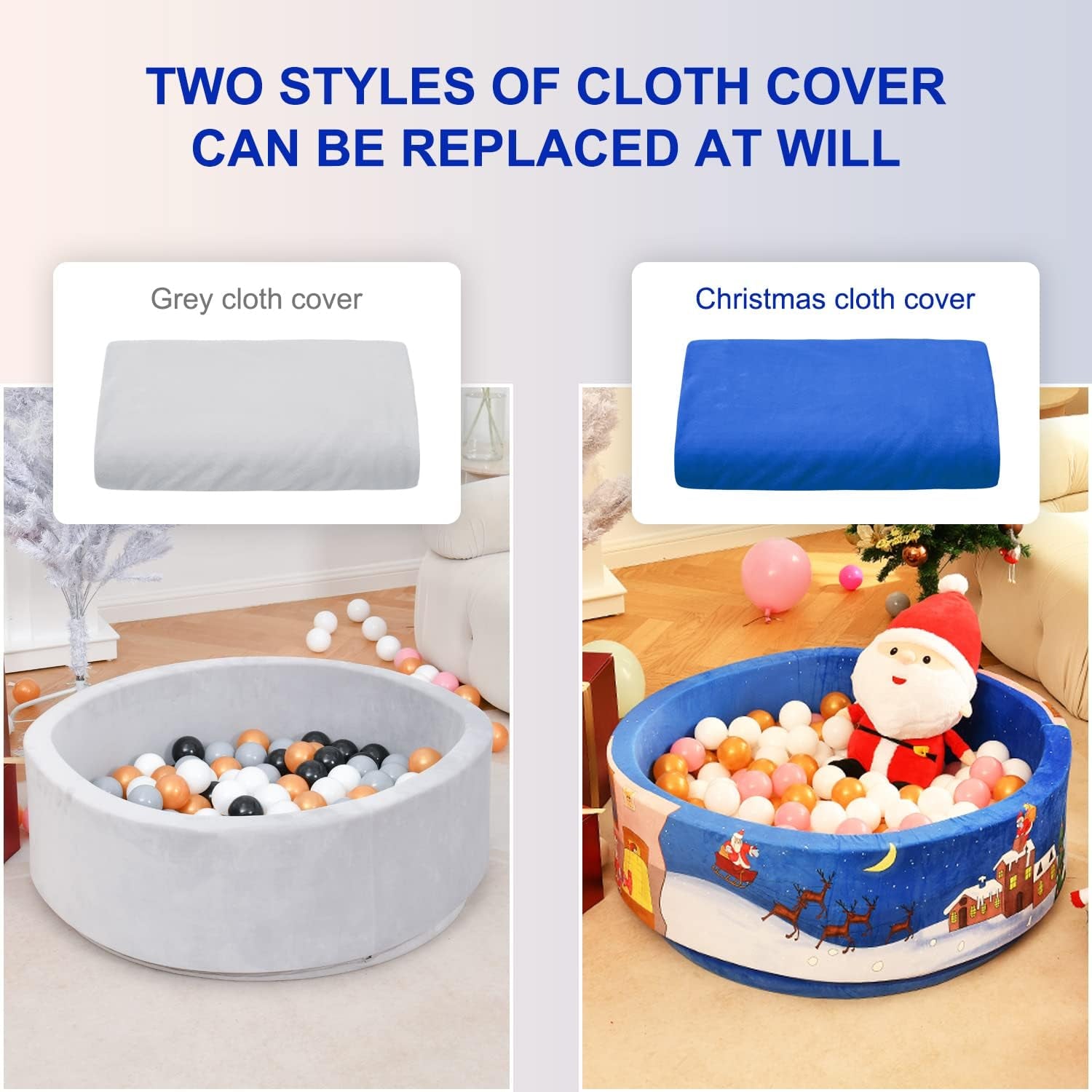 Airwitty Ball Pit with 2Pcs Covers- Fun Santa, Sleigh, Coming down Chimney & Leaving Presents. Soft, Thick Foam, Machine Washable (Balls Not Included) , Anti-Wrinkle for Babies(Gray + Blue Christmas)