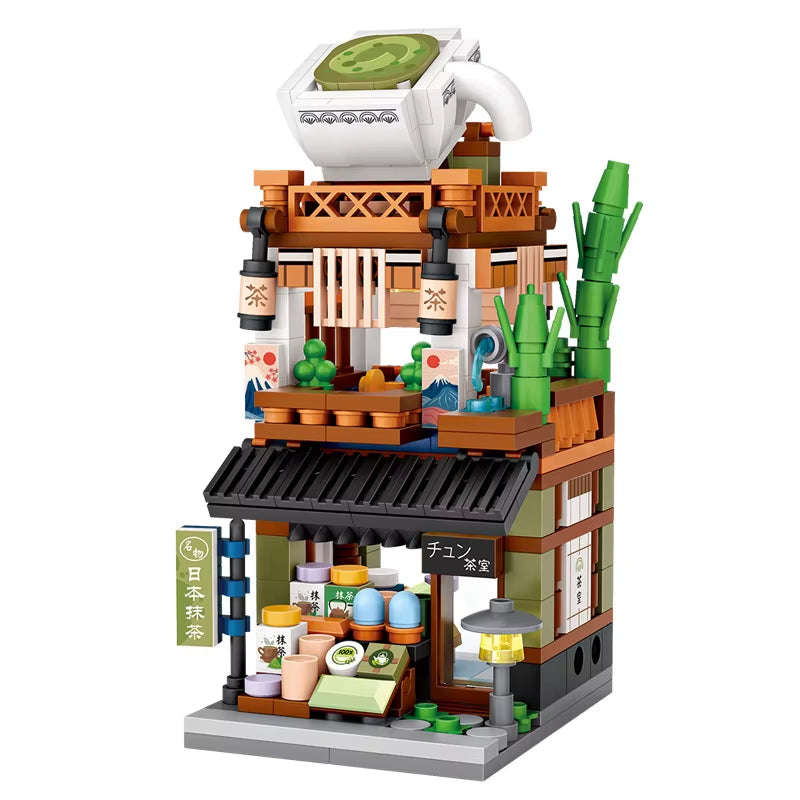 Mini Street View Series Japanese Matcha Shop Ramen Canteen Kimono Shop Building House Model Children'S Building Blocks Toys