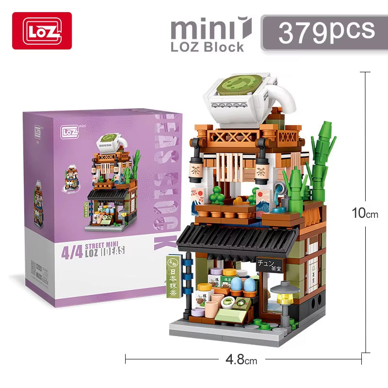 Mini Street View Series Japanese Matcha Shop Ramen Canteen Kimono Shop Building House Model Children'S Building Blocks Toys