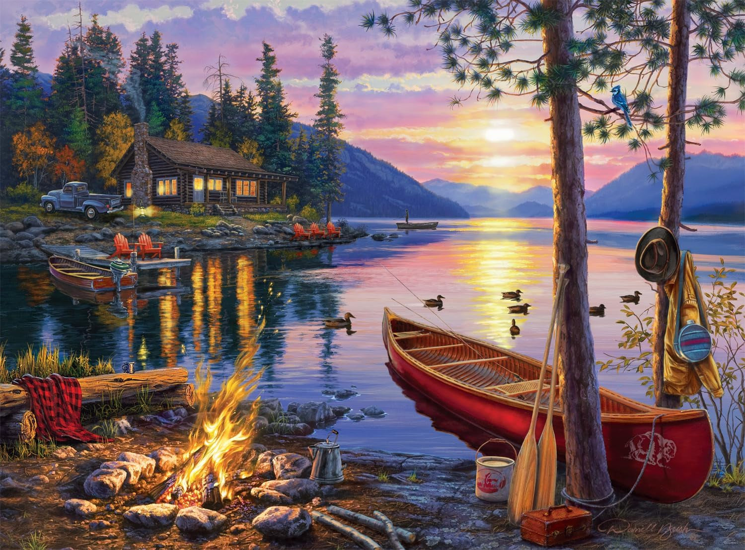 - Canoe Lake 1000 Piece Puzzle for Adults - Jigsaw Puzzles – Darrell Bush Cabin Sunset Artwork with Poster – Challenging Outdoor Nature Scene