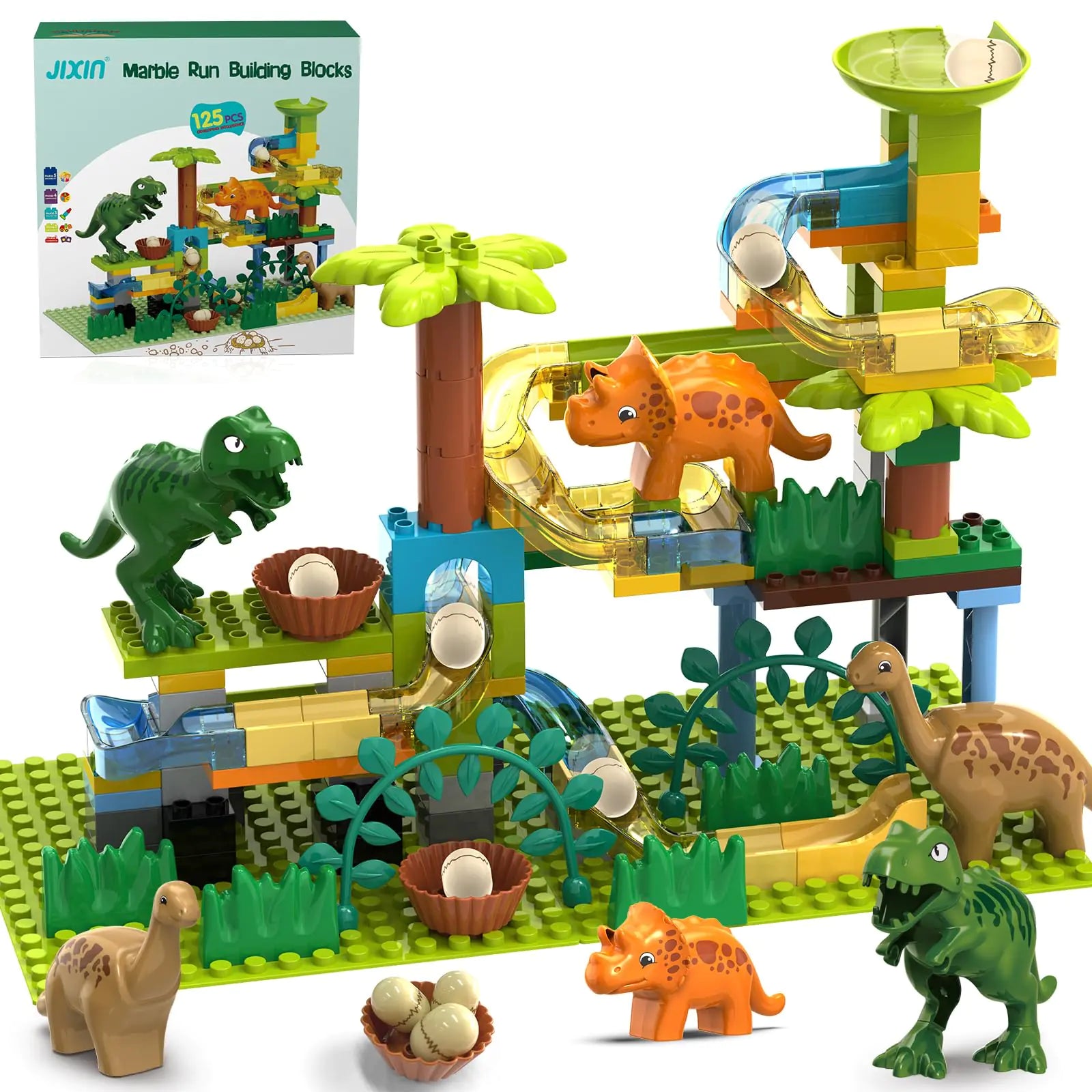 JIXIn Dinosaur Marble Runs for Kids 4-8/Building Blocks Compatible with DUPLO Lego Sets/Toddler Marble Run for Kids Ages 3-5/125 PCS Classic Big Blocks Montessori Learning STEM Toys for Kids Age 3+