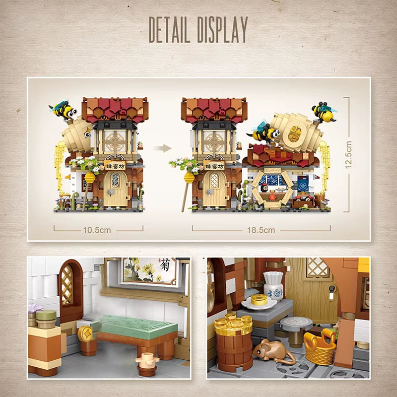 LOZ New Creative Mini Street View Bee Shop Building Block DIY Chinese Folding Streetview Pork Shop Puzzle Toys for Children Gift