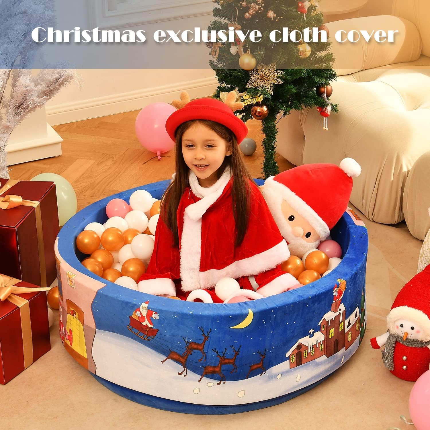 Airwitty Ball Pit with 2Pcs Covers- Fun Santa, Sleigh, Coming down Chimney & Leaving Presents. Soft, Thick Foam, Machine Washable (Balls Not Included) , Anti-Wrinkle for Babies(Gray + Blue Christmas)