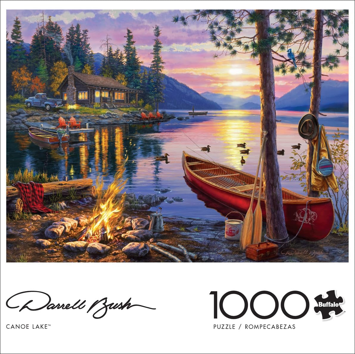 - Canoe Lake 1000 Piece Puzzle for Adults - Jigsaw Puzzles – Darrell Bush Cabin Sunset Artwork with Poster – Challenging Outdoor Nature Scene