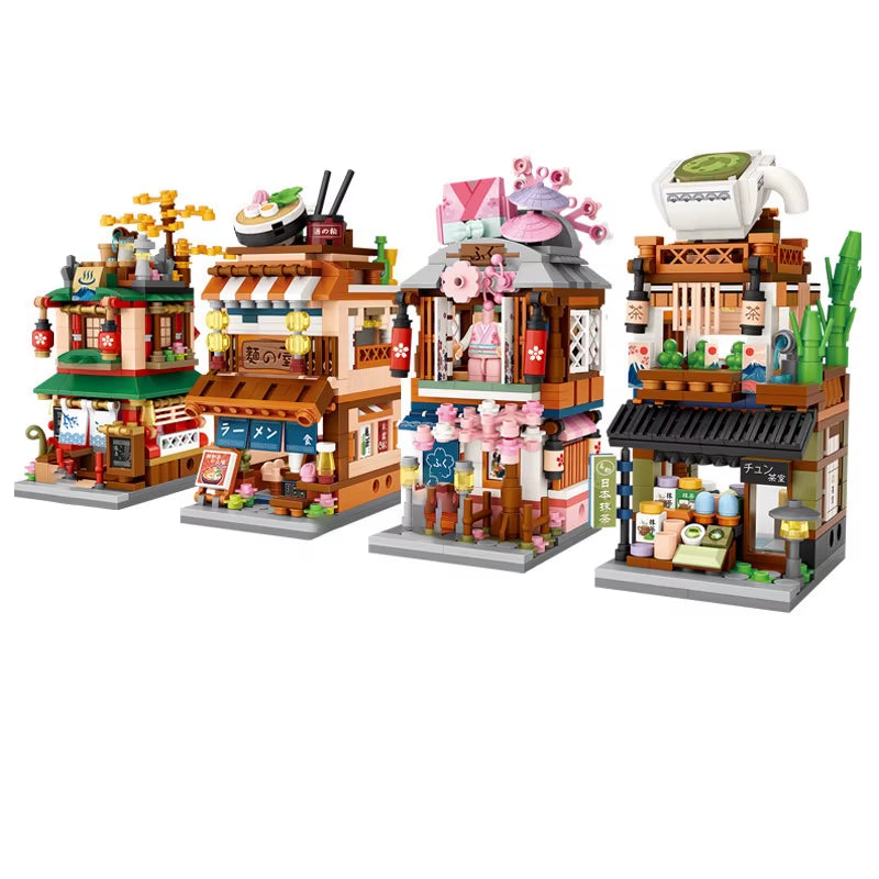 Mini Street View Series Japanese Matcha Shop Ramen Canteen Kimono Shop Building House Model Children'S Building Blocks Toys