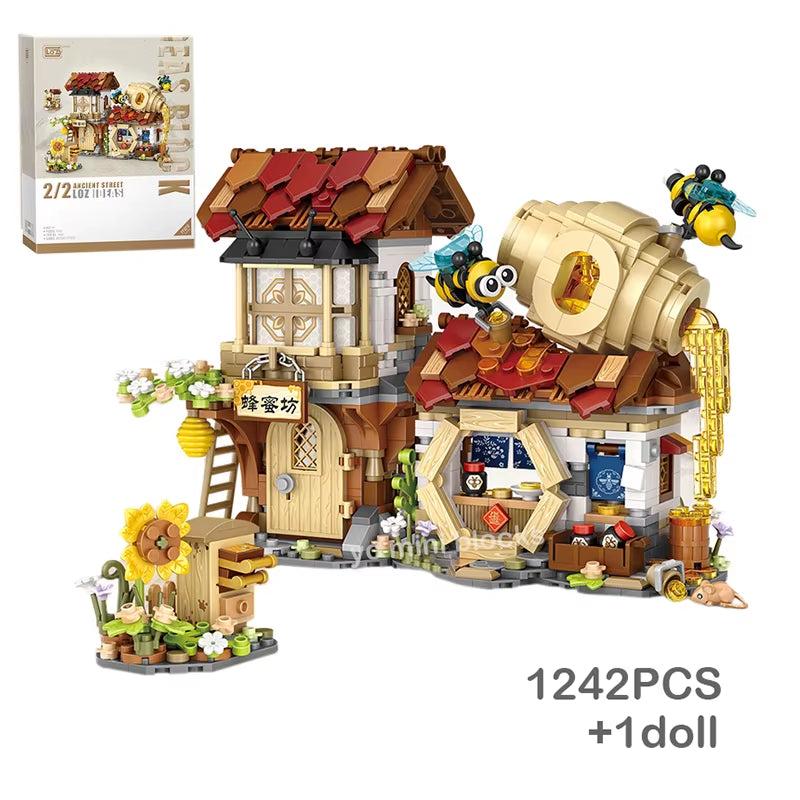 LOZ New Creative Mini Street View Bee Shop Building Block DIY Chinese Folding Streetview Pork Shop Puzzle Toys for Children Gift