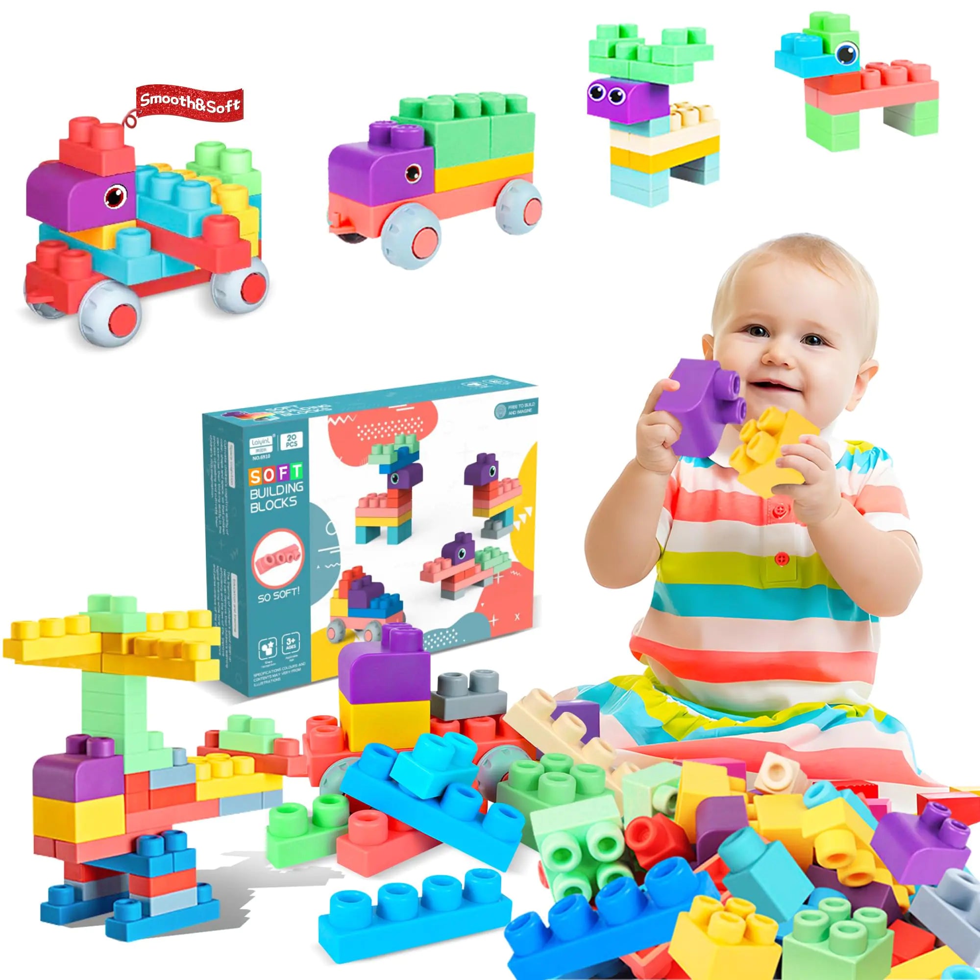 ROHSCE Soft Building Blocks for Toddler Blocks for Kids 6 Months and up Large Creative Stacking Blocks 20 PCS STEM Blocks Toddler Stacking Toy Gifts Colorful Soft Block Sets